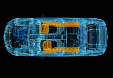 X-ray efektli SUV arabasının 3 boyutlu çizimi. Üst Manzara. Motor, tekerlekler ve iç mekan. Siyah arkaplanda.