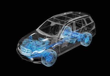 X-ray efektli SUV arabasının 3 boyutlu çizimi. Üst Manzara. Motor, tekerlekler ve iç mekan. Siyah arkaplanda.