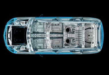 X-ray efektli SUV arabasının 3 boyutlu çizimi. Üst Manzara. Motor, tekerlekler ve iç mekan. Siyah arkaplanda.