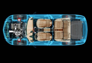 X-ray efektli SUV arabasının 3 boyutlu çizimi. Üst Manzara. Motor, tekerlekler ve iç mekan. Siyah arkaplanda.