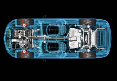 X-ray efektli SUV arabasının 3 boyutlu çizimi. Üst Manzara. Motor, tekerlekler ve iç mekan. Siyah arkaplanda.
