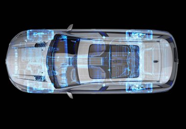 X-ray efektli SUV arabasının 3 boyutlu çizimi. Üst Manzara. Motor, tekerlekler ve iç mekan. Siyah arkaplanda.
