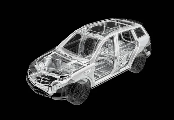具有X射线效果的Suv汽车的三维技术说明 顶部视图 发动机 车轮和内部 黑色背景 — 图库照片