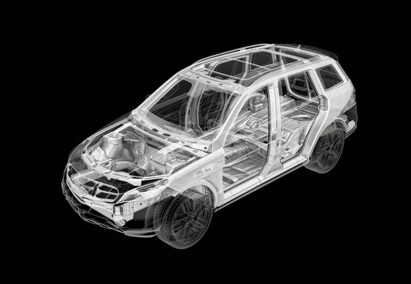 Техническая 3D иллюстрация внедорожника с рентгеновским эффектом. Вид сверху. Двигатель, колеса и интерьеры. На черном фоне
.