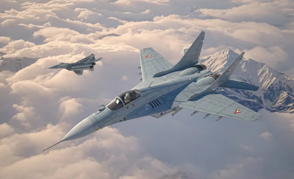 Military fighter aircraft Mig 29, flying above the clouds. Two airplanes. 3d illustration. — Stock Image Military Fighter Aircraft Mig Flying Clouds Two Airplanes Illustration Royalty Free Stock Images