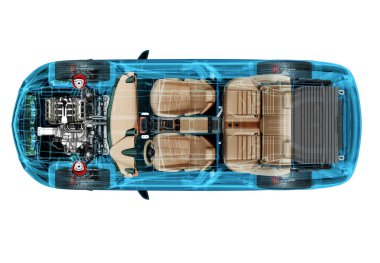 X-ray efektli SUV arabasının 3 boyutlu çizimi. Üst Manzara. Motor, tekerlekler ve iç mekan. Siyah arkaplanda.