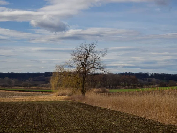Сельская сцена осенью и облачным небом — стоковое фото