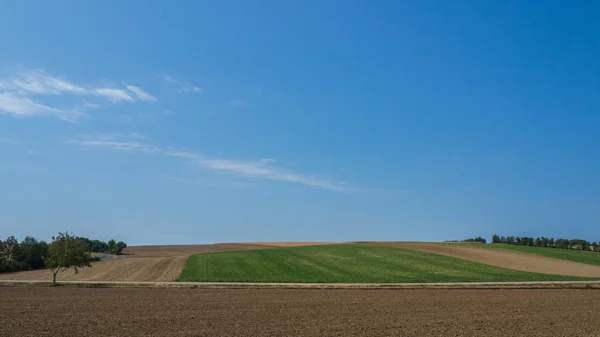 Terreni agricoli collinari e cielo blu — Foto Stock