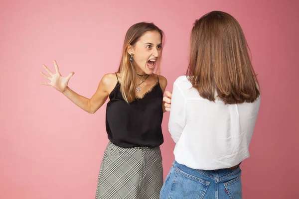 Aggressive Girls Screaming Fighting Isolated Pink — Stock Photo ...