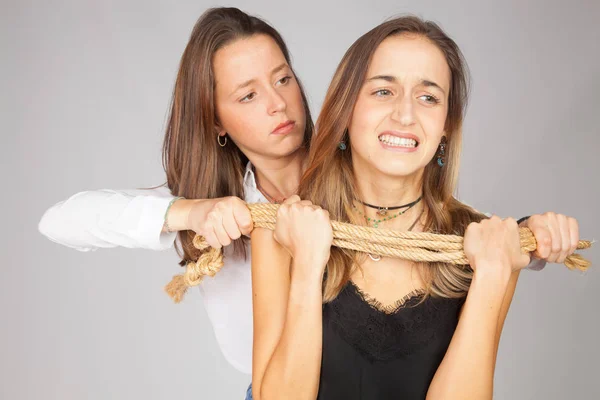 Two Girls Fighting One Them Suffering Abuse Women Enduring Physical — Stock Photo, Image