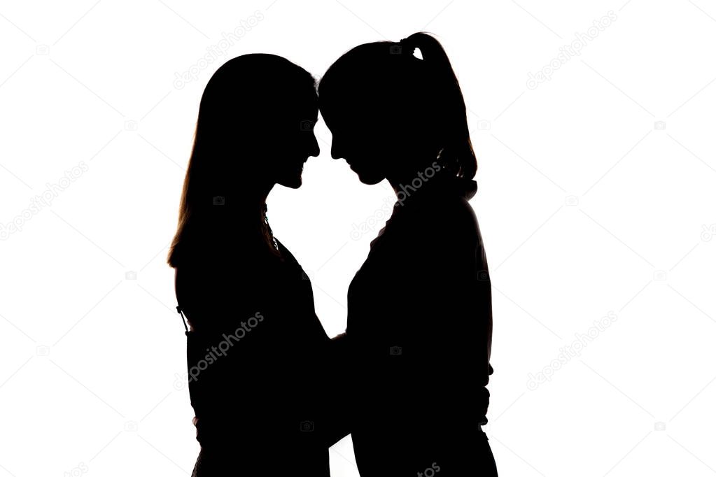 Two girls, sisters or friends, showing affection and affection, smiling, looking into each other's eyes, making shapes and silhouettes of hearts; celebrating Valentine's day; brothers 'day, lovers' day; friendship, fraternal relationship; 