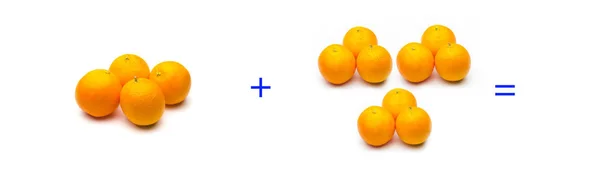 Eenvoudige bedragen met fruit; eenvoudige wiskunde, berekening — Stockfoto