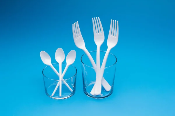 Cutlery Eating White Made Plastic Transparent Glass Cups Cutlery Glasses — Stockfoto
