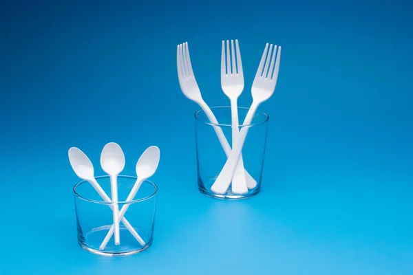 Cutlery Eating White Made Plastic Transparent Glass Cups Cutlery Glasses — Stok fotoğraf