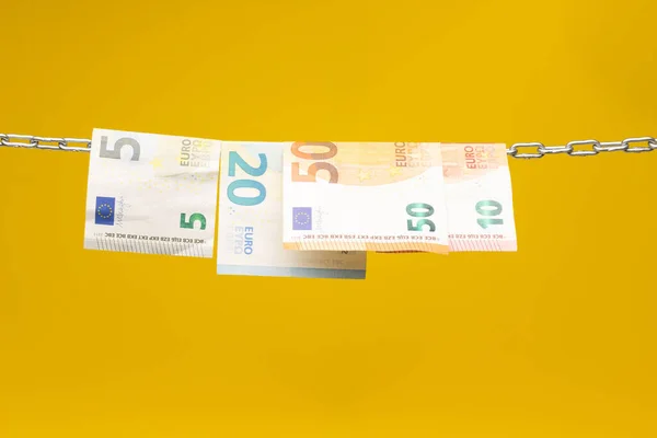 Money Held Chain Hung Chain Paper Money Legal Tender Euros — Zdjęcie stockowe