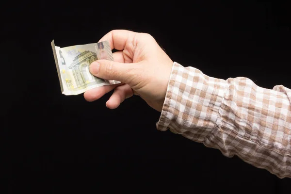 Banda Billetes Euros Mano Una Persona Dispuesta Comprar Ahorrar Entrar — Foto de Stock