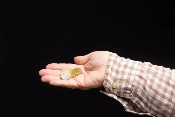 Almas Mano Adulto Blanco Mendigo Pidiendo Dinero Monedas Mano Adulto —  Fotos de Stock