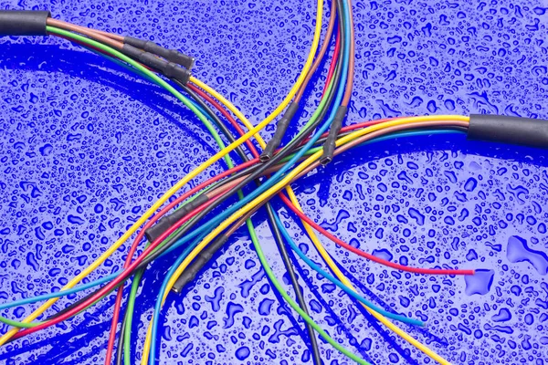 Copper cables of various colors, transmission of electric current through copper cables protected by colored plastics.