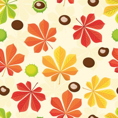 Kestaneler soyulmuş ve yeşil kabuklu ve kestane yapraklı vektör sonbahar arkaplanı.