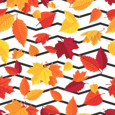 Çizgili arka planda renksiz sonbahar yapraklarının vektörsüz deseni.