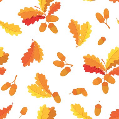 Meşe palamudu ve sonbahar meşe yapraklarıyla kusursuz bir arka plan. Sonbahar yapraklı arkaplan.