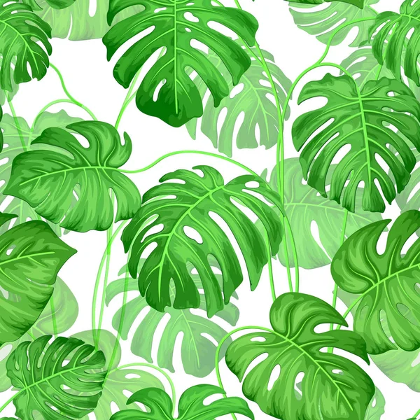 Fondo sin costuras con hojas monstruosas de plantas tropicales. Monstruo exótico hojas sobre fondo blanco. Increíble patrón de hojas. Gráficos vectoriales . — Vector de stock