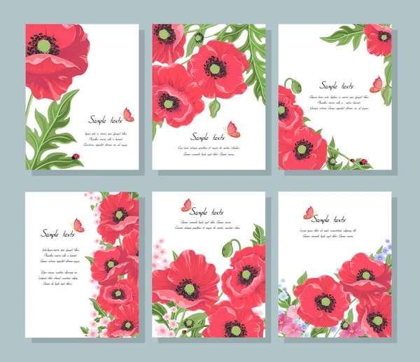 收集了6张野花明信片：罂粟红花、蝴蝶、白色背景的瓢虫。 一套邀请卡、横幅、生日、婚礼、宣传册封面设计模板 — 图库矢量图片