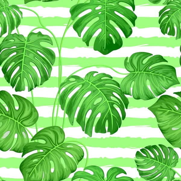 Fondo sin costuras con hojas monstruosas de plantas tropicales. Monstruo exótico hojas sobre fondo blanco con rayas verdes. Increíble patrón de hojas. Gráficos vectoriales — Archivo Imágenes Vectoriales
