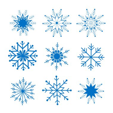 Kış şablonu. Beyaz arkaplanda soyut mavi buz kristali kar taneleri kümesi