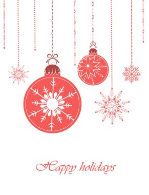 Düz stil bir Noel kartı. Noel dekoratif kırmızı toplar beyaz arka planda kar taneleri asılı