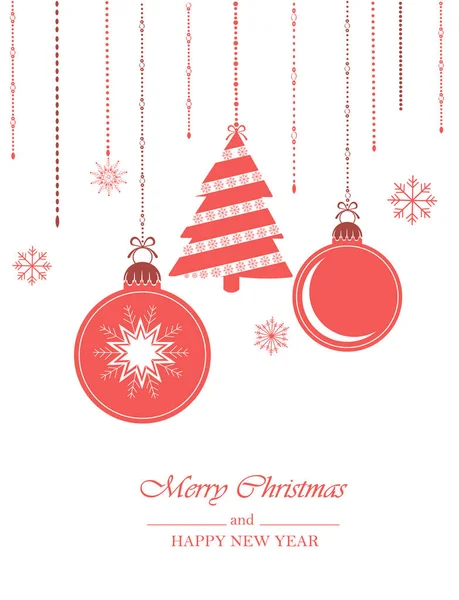 Düz stil bir Noel kartı. Noel dekoratif kırmızı toplar beyaz arka planda kar taneleri asılı