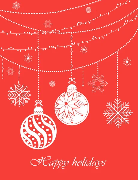 Kırmızı arka planda çelenk topları olan mutlu bayramlar yazılı Noel kartı.
