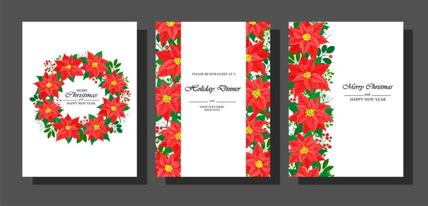 Vektor-Set von Weihnachtskarten mit roten Weihnachtssternen Blüten Blätter und Beeren auf weiß — Stockvektor