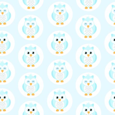 Mavi bir arkaplanda baykuşlarla kusursuz desen.