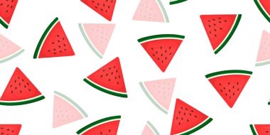 Summer pattern sweet juicy watermelon pieces, watermelon slices with seeds on white background