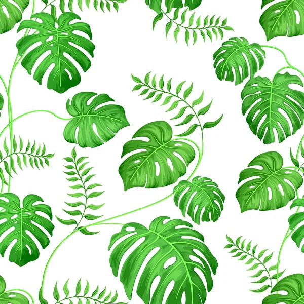 Seamless background with monster leaves and palm tropical plants. Exotic monster leaves on white. — Vector de stock