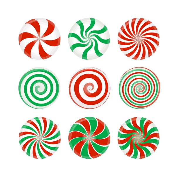 Striped candy without wrapper, Red and green caramel, Lollipop on white background. — Stok Vektör