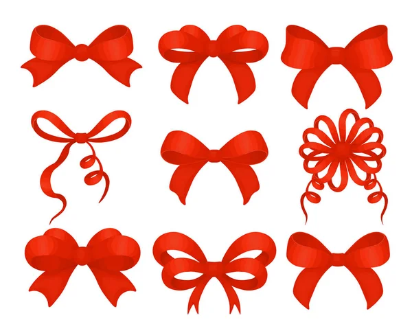 Set of different shape red bows gift decorative item for holiday gifts and Christmas cards or birthday decor. Vector — Stock Vector