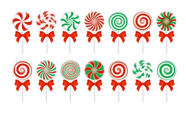 Vektor Zuckerstangen mit roter Schleife. Großes Set roter und grüner Bonbons ohne Verpackung auf weiß. — Stockvektor