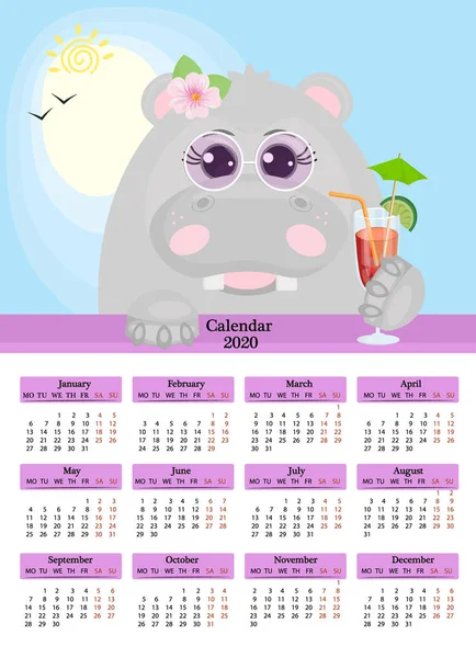 Calendar 2020. Poster Hippo in glasses with a cocktail flower on a blue sky background. Hippo cartoon vertical poster — ストックベクタ