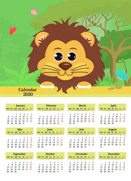 Kalender 2020.Lejon på bakgrunden av naturen. Tecknad söt lejonunge i skogen vertikal affisch. — Stock vektor
