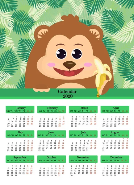 Calendario 2020. Scimmia allegra che tiene una banana nella zampa su uno sfondo di foglie verdi poster verticale . — Vettoriale Stock