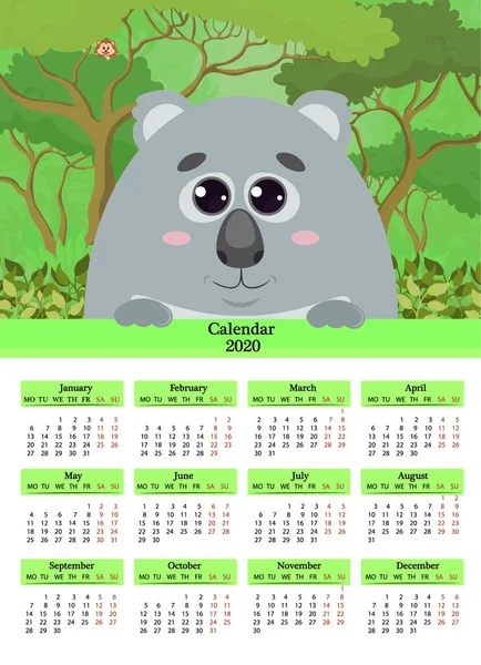 Kalendář 2020. Vektorový plakát s roztomilou Koala v krajině — Stockový vektor