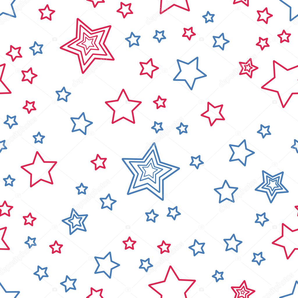 Seamless abstract pattern with blue red stars on white background. Vector graphics.