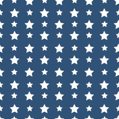 Mavi arka planda beyaz yıldızlı kusursuz soyut desen. Vektör grafikleri.