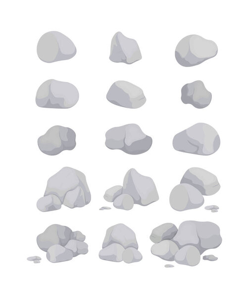 Set of gray stones of various shapes. Natural stone rocks stone pile for mountain landscape. Vector