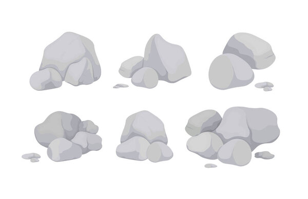 Set of gray stones of various shapes. Natural stone rocks stone pile for mountain landscape. Vector