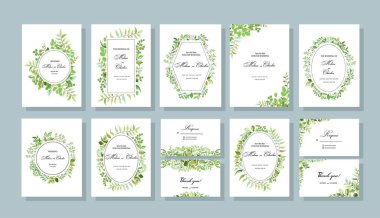 Vahşi yapraklı botanik haritası. Büyük düğün davetiyeleri, dekoratif çelenkler, çerçeve desenleri, dallar, yapraklar, yeşil yapraklı çiçek ve çim çelenkleri, egzotik tropikal bitkiler. Vektör.