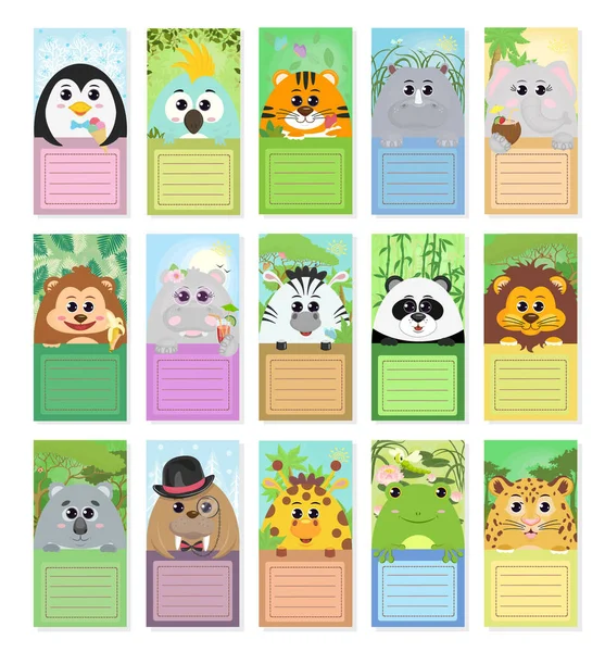Hayvanlı çocuklara verilen etiketler: penguen papağanı kaplan gergedan fil maymunu Hippo Zebra Panda Koala deniz aygırı zürafa kurbağa leoparı farklı hikaye kompozisyonlarında. Vektör grafikleri.