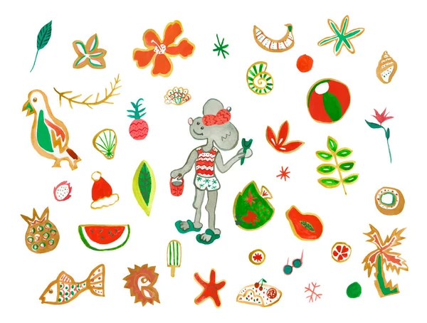 Set con acuarela ratoncito en chaise, gafas de sol, piña, strelitzia, fruta del dragón, tropical, flores, pulpos. Bola, loro, conchas, sombrero, pomelo. Una ilustración de unas vacaciones tropicales de Navidad . —  Fotos de Stock